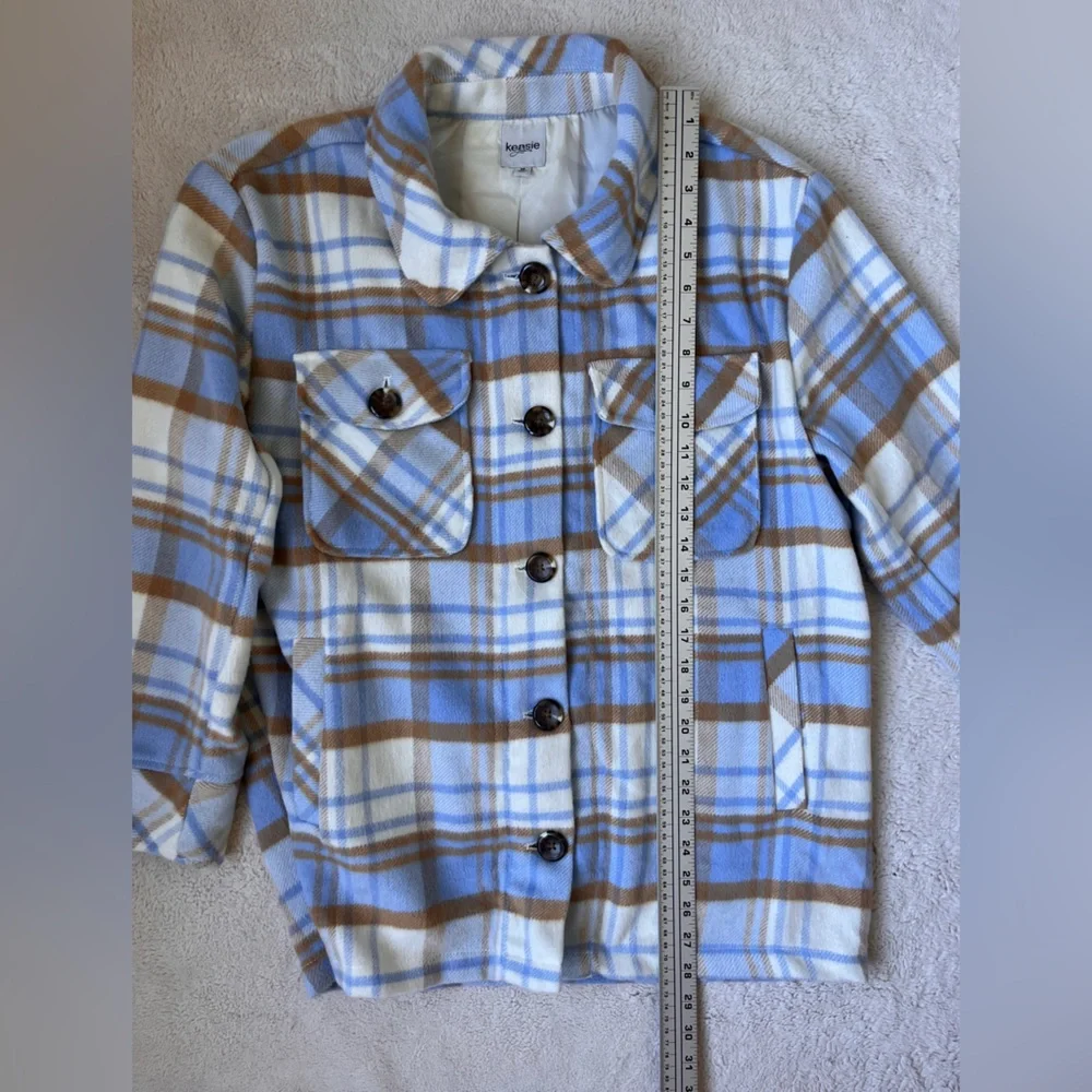 Kensie Jeans Plaid Shacket in Blue and Brown Women Size Medium
